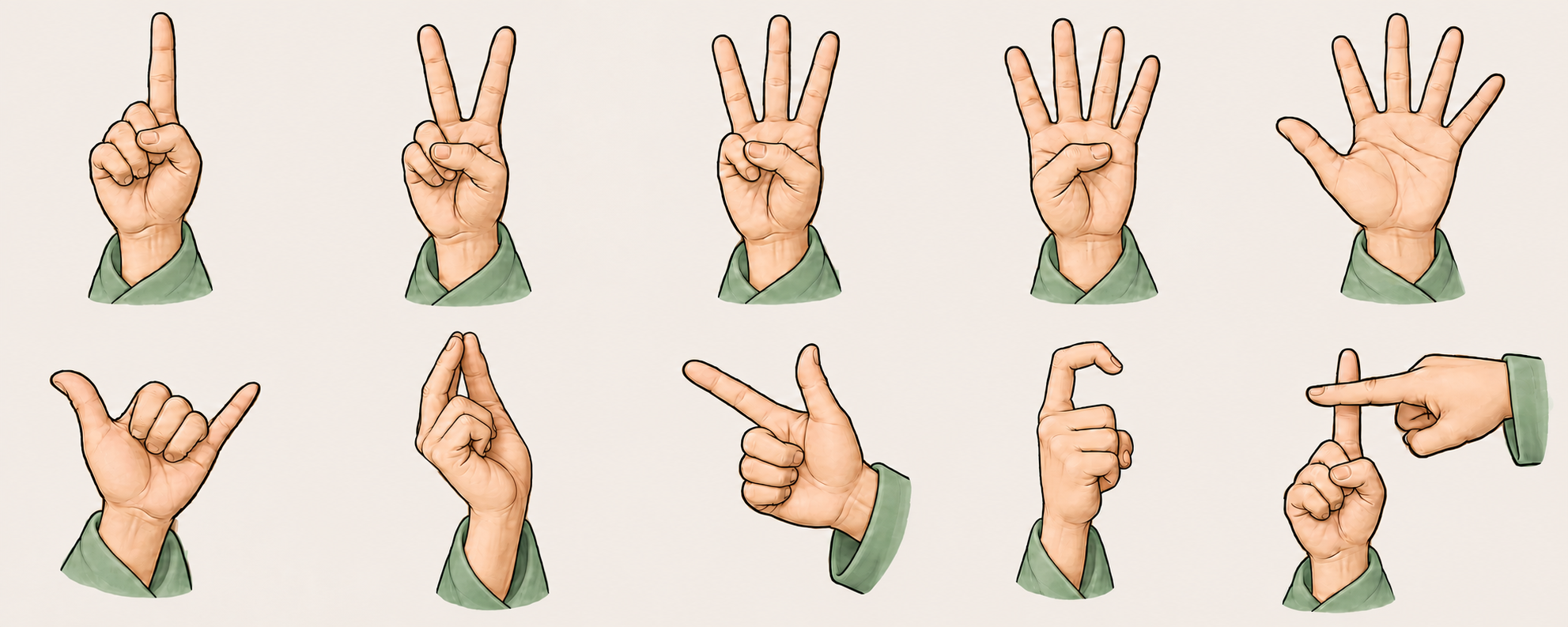 1: Index finger up; all other fingers folded.