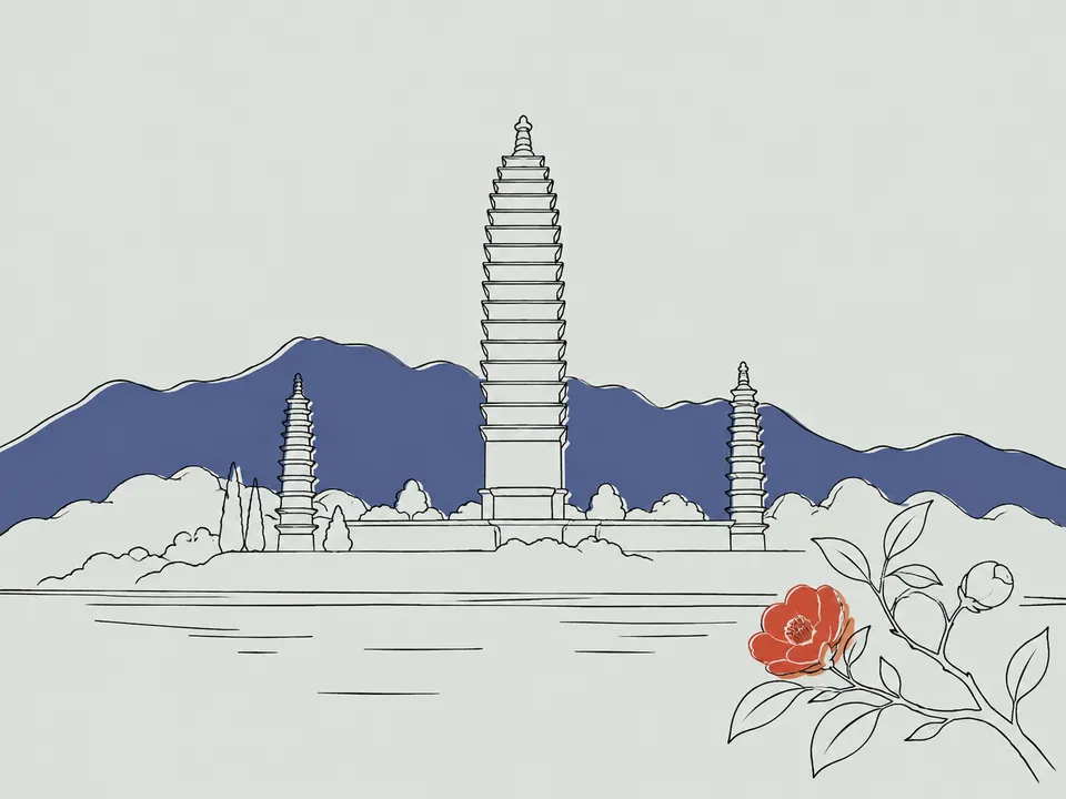 Abstract line illustration of iconic landmarks in Dali.