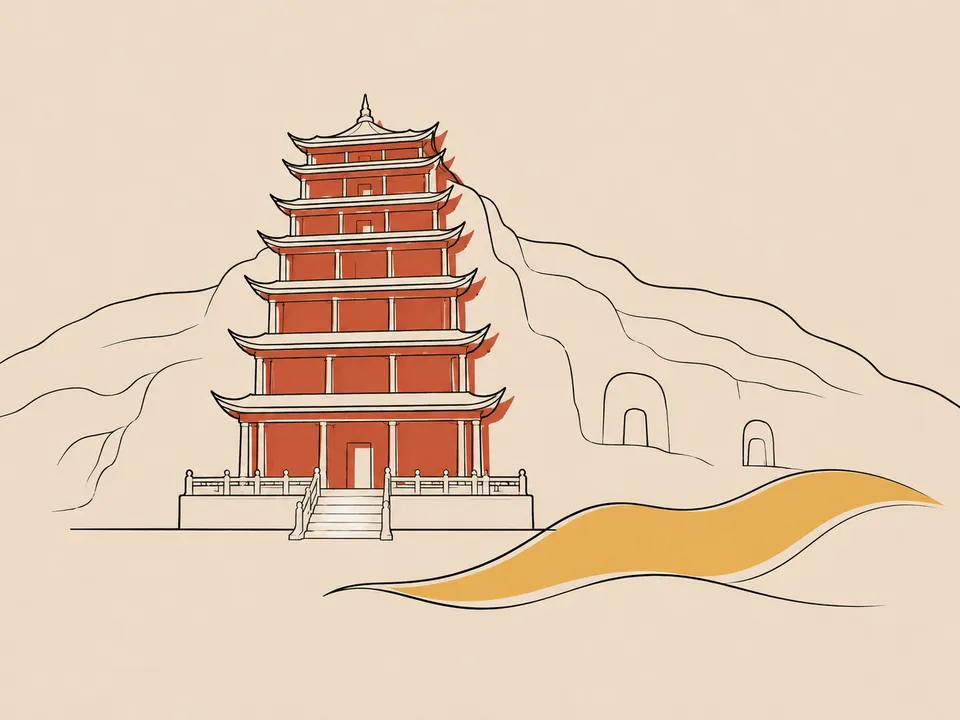 Abstract line illustration of iconic landmarks in Dunhuang.