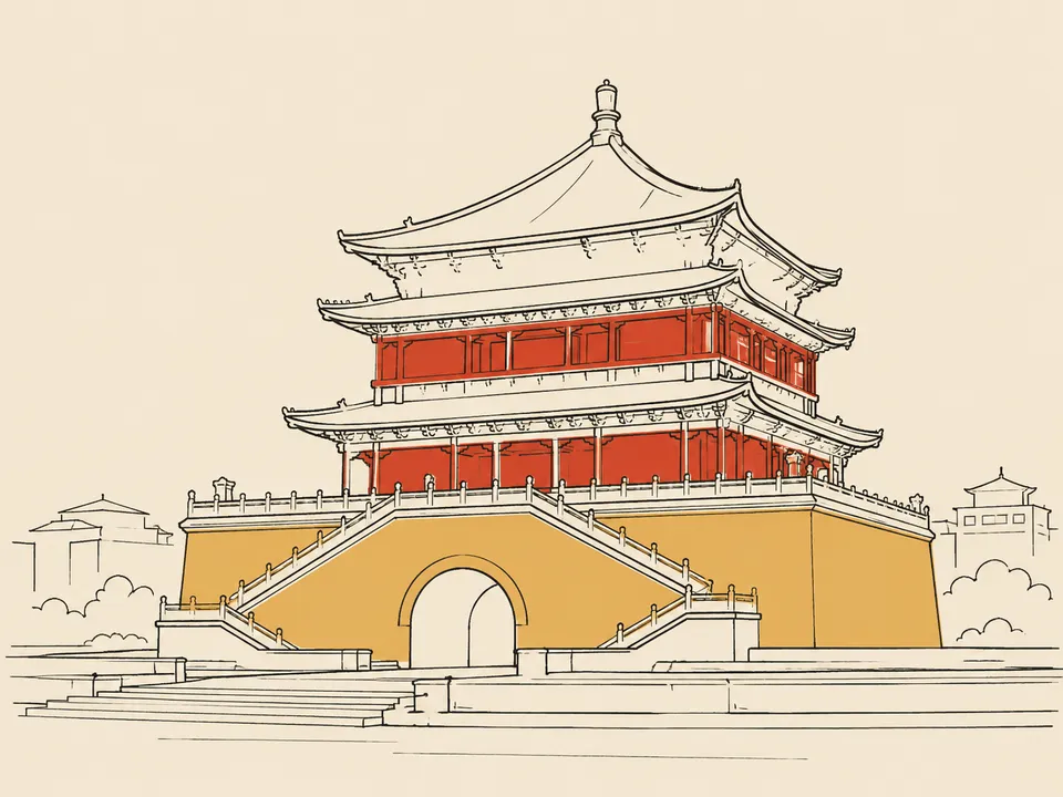 Abstract line illustration of iconic landmarks in Xi'an.