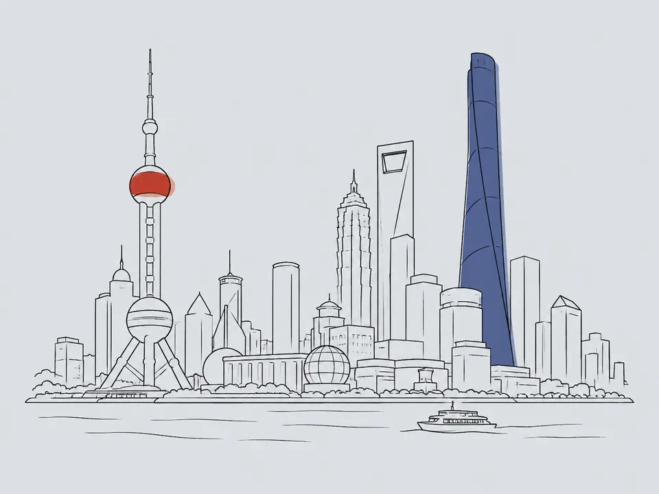Abstract line illustration of iconic landmarks in Shanghai.