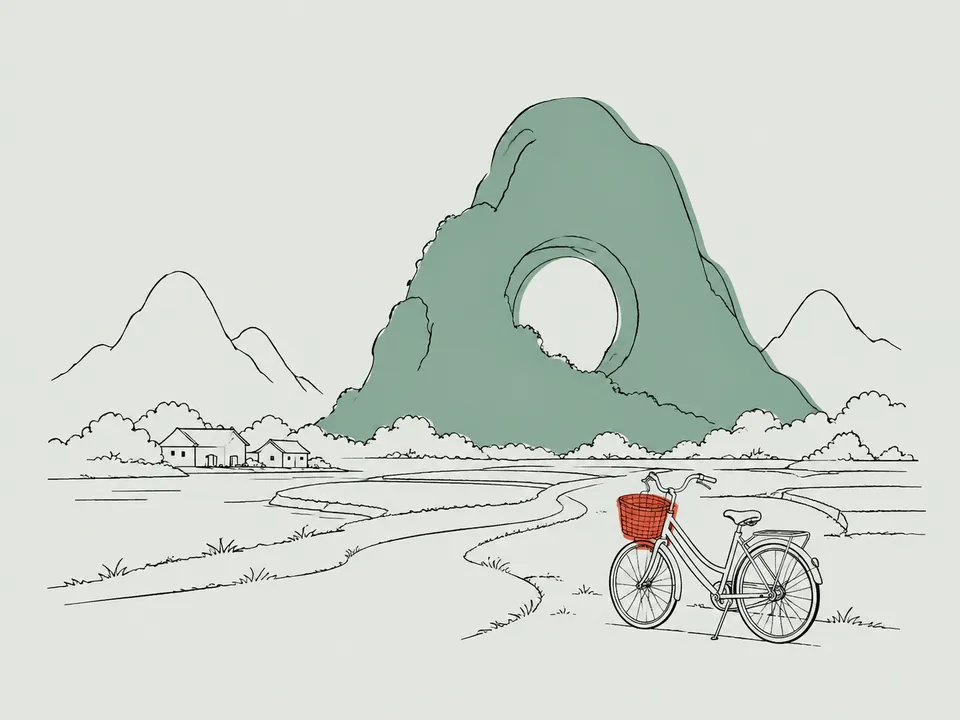 Abstract line illustration of iconic landmarks in Yangshuo.