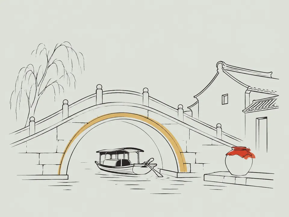 Abstract line illustration of iconic landmarks in Shaoxing.