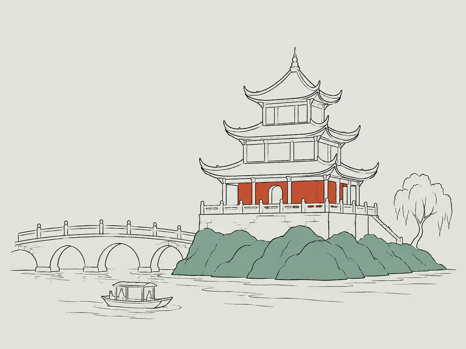 Abstract line illustration of iconic landmarks in Guiyang.