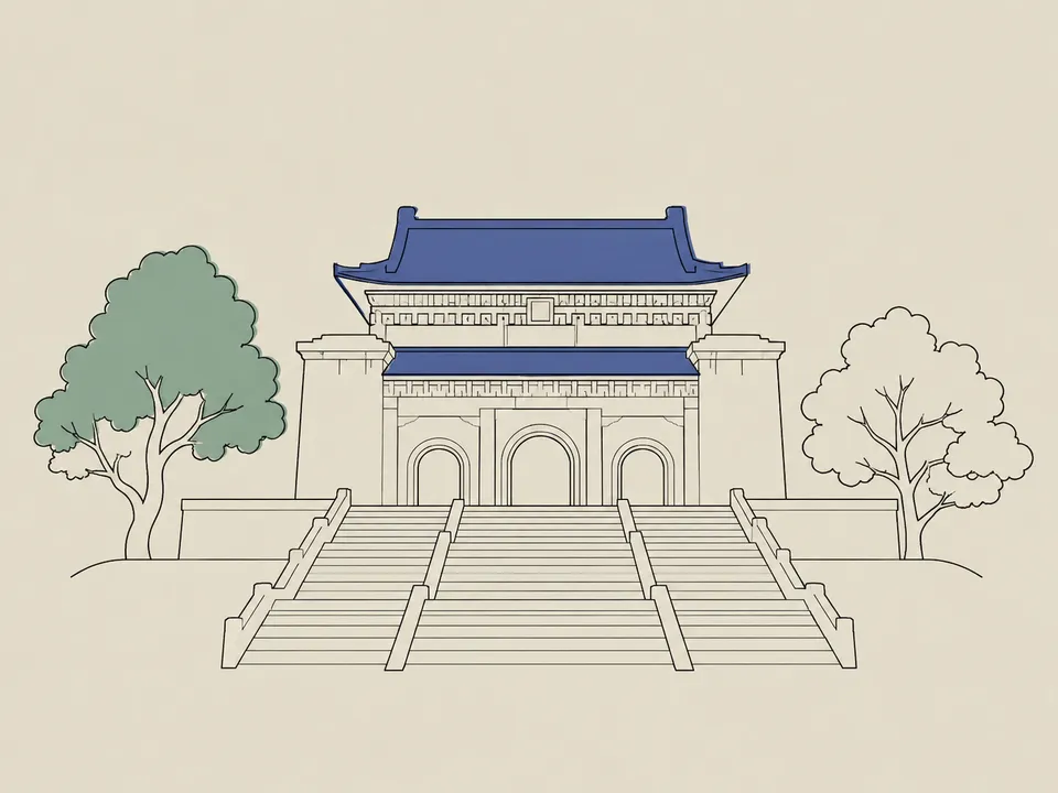 Abstract line illustration of iconic landmarks in Nanjing.