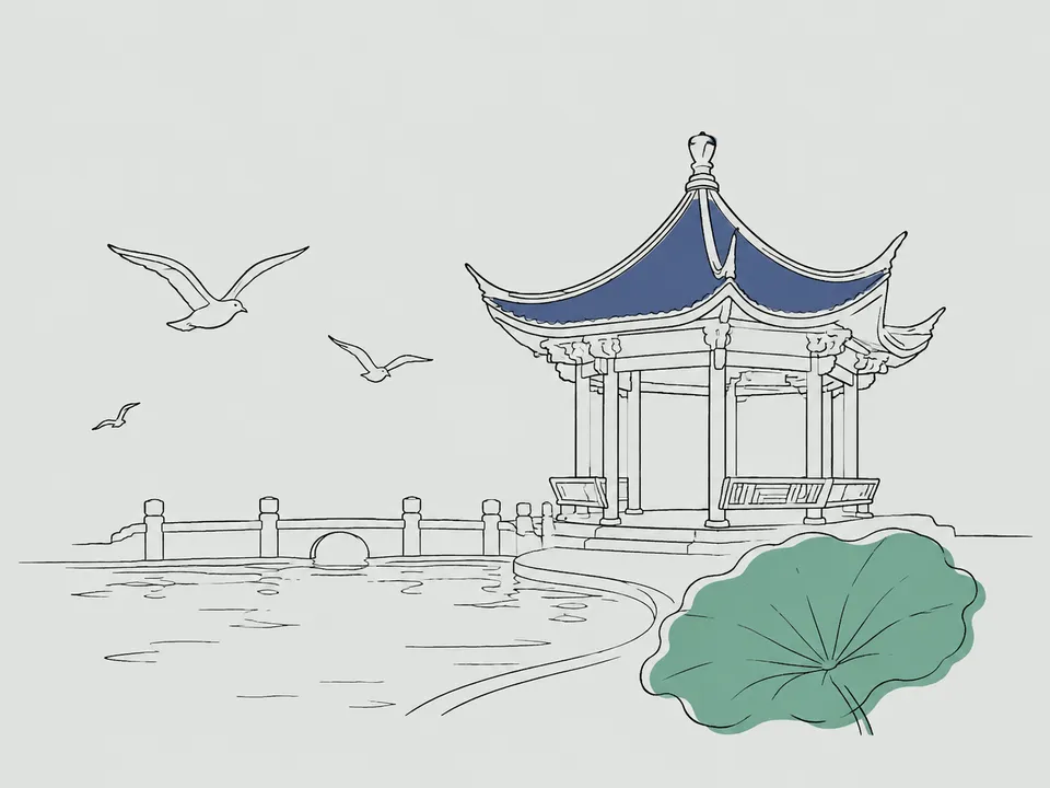Abstract line illustration of iconic landmarks in Kunming.
