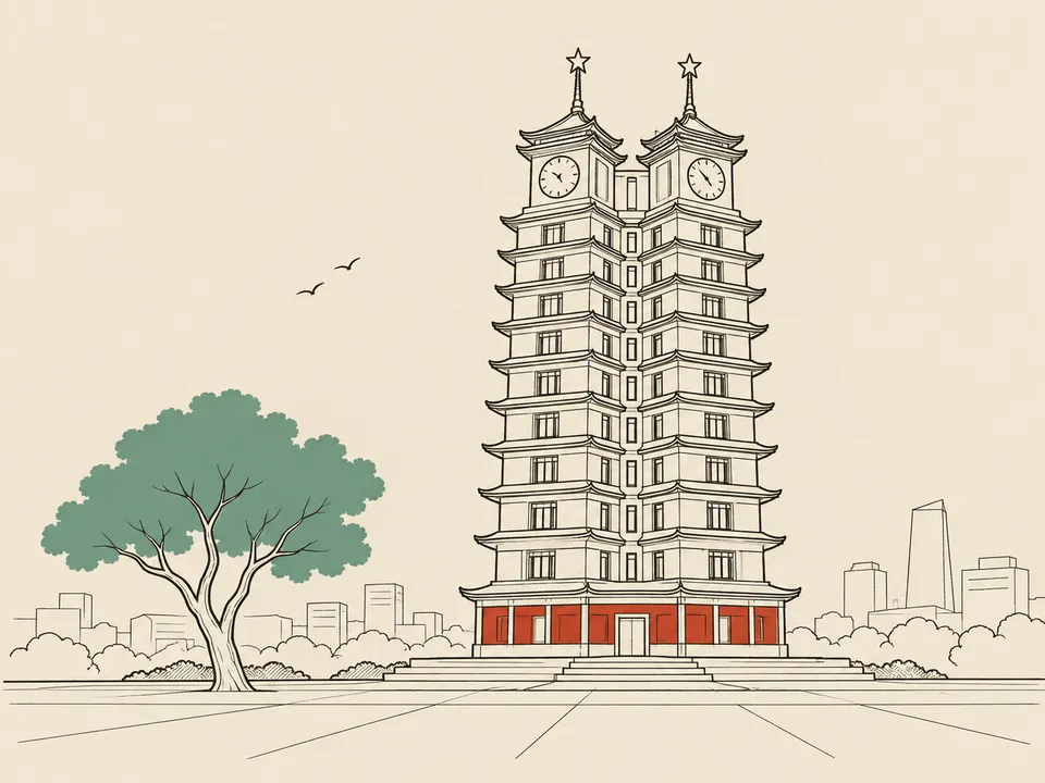 Line illustration of Zhengzhou with the twin Erqi Memorial Tower and a leafy tree beside the square.