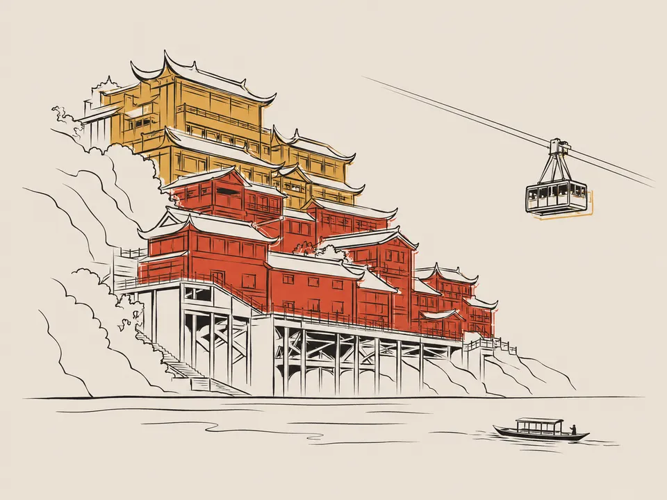 Abstract line illustration of iconic landmarks in Chongqing.