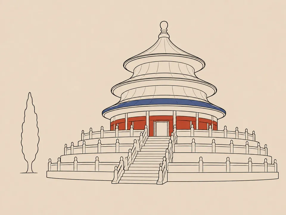 Abstract line illustration of iconic landmarks in Beijing.