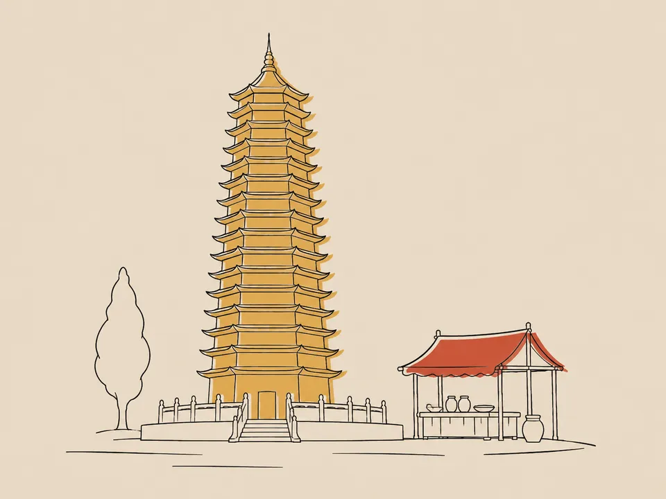 Abstract line illustration of iconic landmarks in Kaifeng.