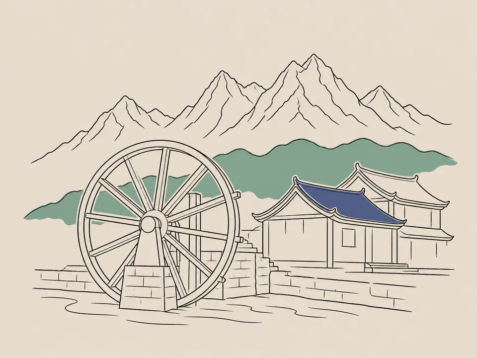 Abstract line illustration of iconic landmarks in Lijiang.