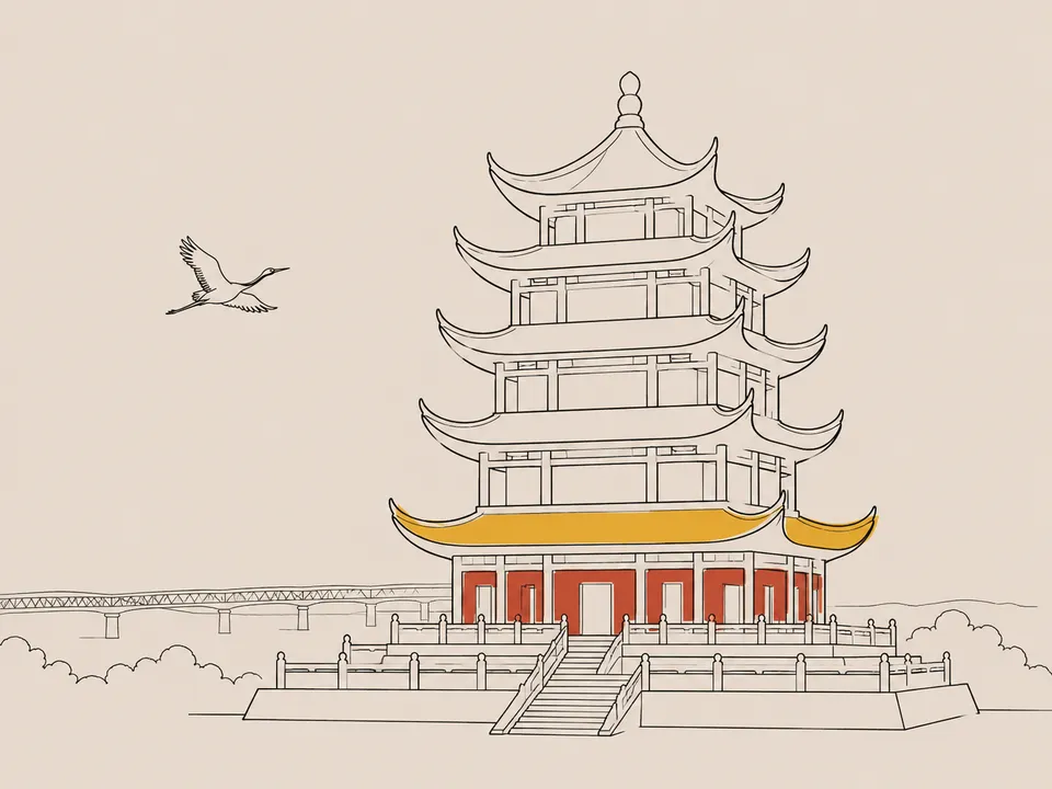 Abstract line illustration of iconic landmarks in Wuhan.