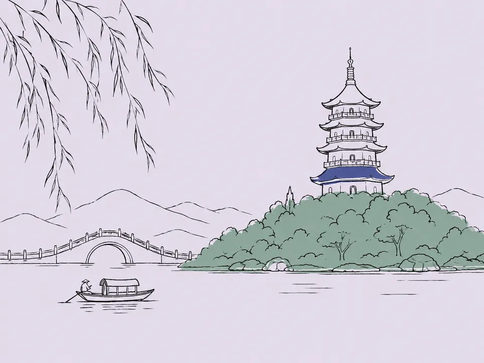 Abstract line illustration of iconic landmarks in Hangzhou.