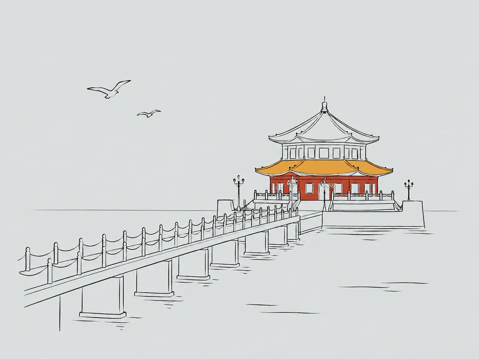 Abstract line illustration of iconic landmarks in Qingdao.