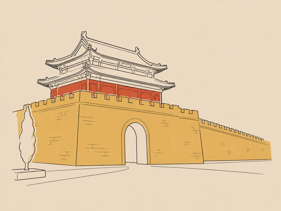 Abstract line illustration of iconic landmarks in Pingyao.